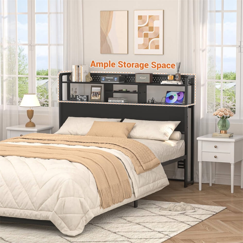 Industrial Headboard Matte Black Metal with Two Tier Shelving