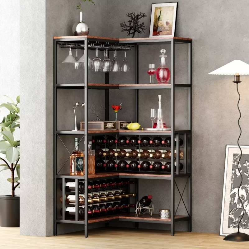 Industrial L-Shaped Corner Bar Cabinet with Integrated Bottle Storage