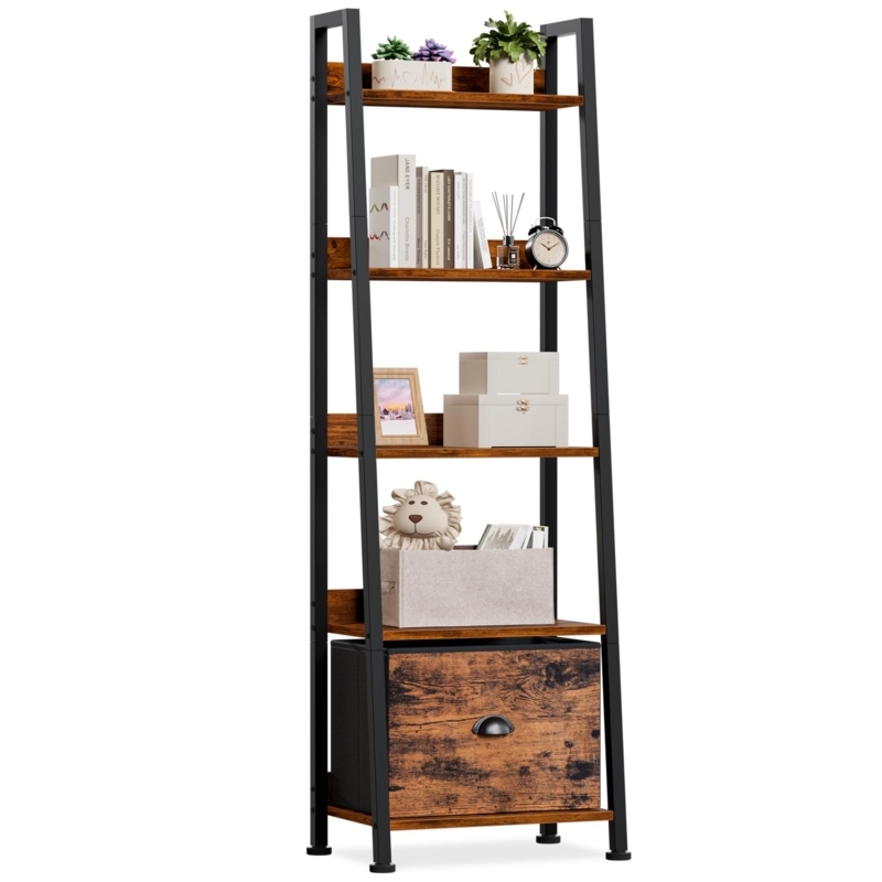 Industrial Ladder Bookshelf 5-Tier Rustic Wood Metal with Drawer