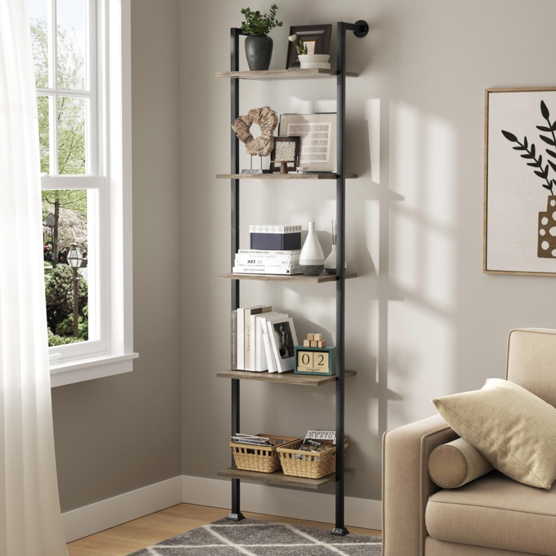 Industrial Ladder Shelf with Weathered Gray Pipe Frame