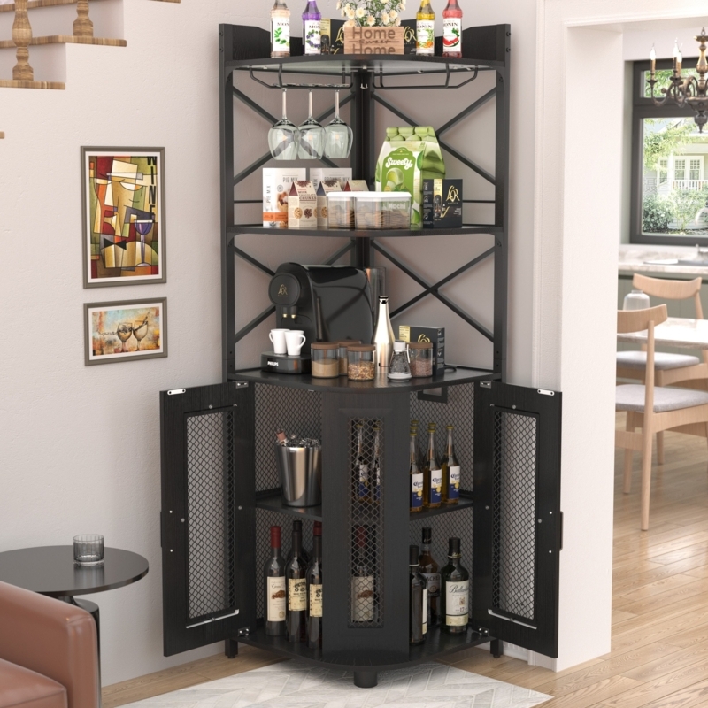Industrial Metal and Wood Corner Bar Cabinet with Mesh Doors
