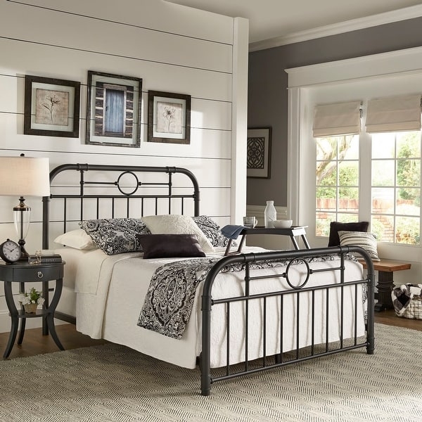 Industrial Metal Bed with Circular Motif, Black Frame