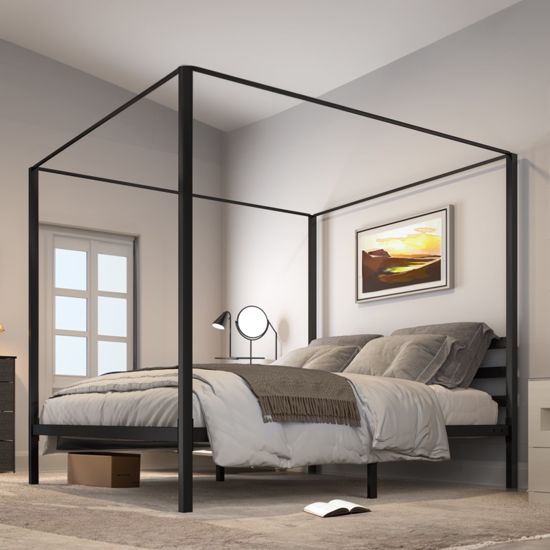 Industrial Metal Canopy Bed with Slatted Headboard