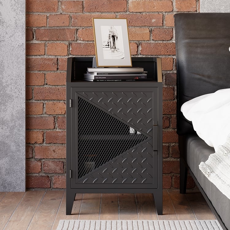 Industrial Metal Nightstand, Black, Diamond Plate Door, Mesh Insert