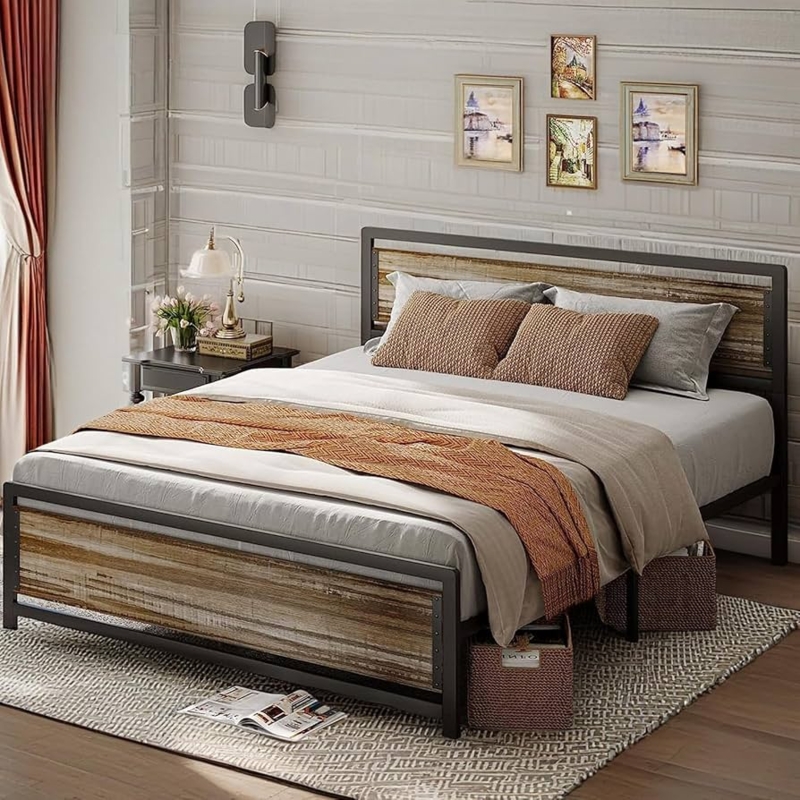 Industrial Metal Platform Bed Rustic Wood Paneled Headboard Footboard