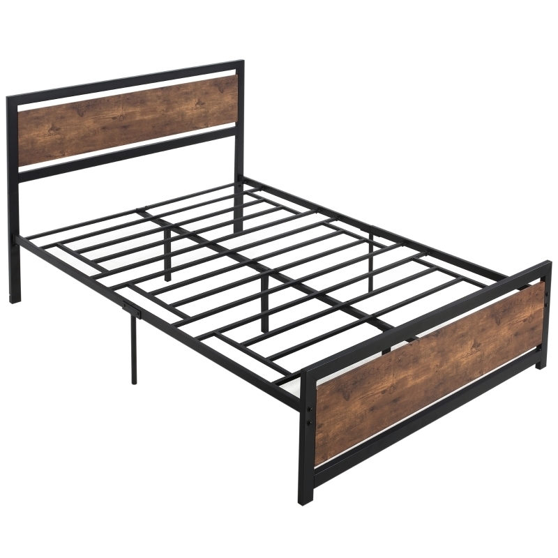 Industrial Metal Platform Bed with Wood Grain Headboard Panels