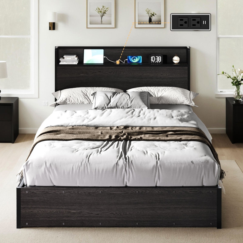 Industrial Modern Storage Bed with Headboard Shelf