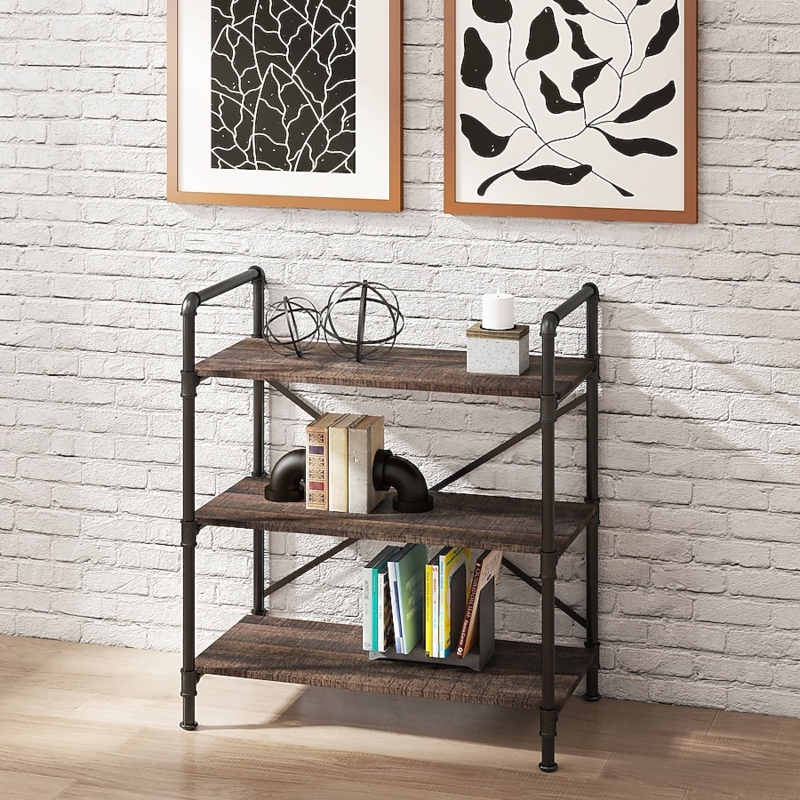 Industrial Pipe Bookcase with Three Rustic Wood-Toned Shelves