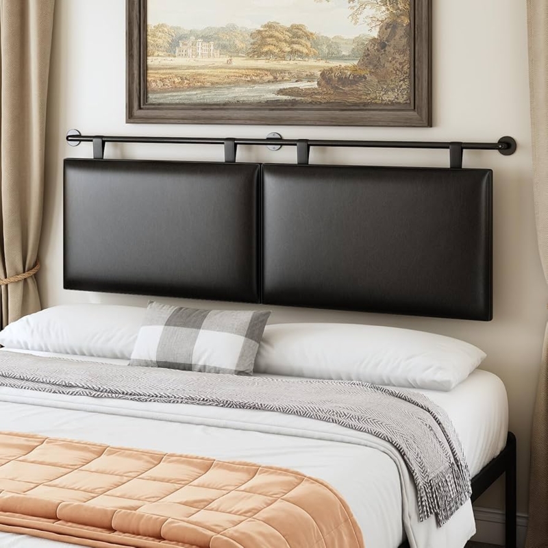 Industrial Pipe Headboard with Black Hanging Faux Leather Panels