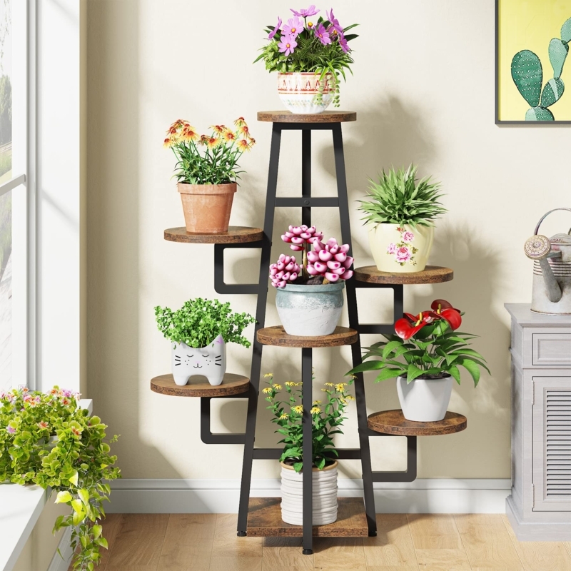 Industrial Plant Stand Ladder Frame 7-Tier Staggered Wood