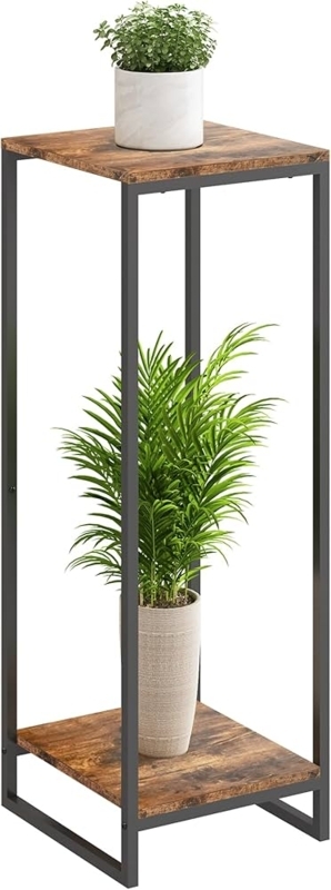 Industrial Plant Stand Rustic Brown Shelves Black Metal Frame Holder