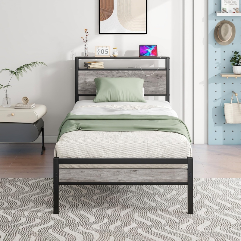 Industrial Platform Bed Frame with Charging Station and Storage Headboard