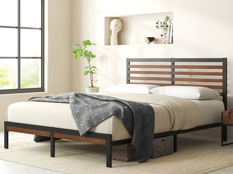 Industrial Platform Bed with Black Metal Frame & Wood Slatted Headboard