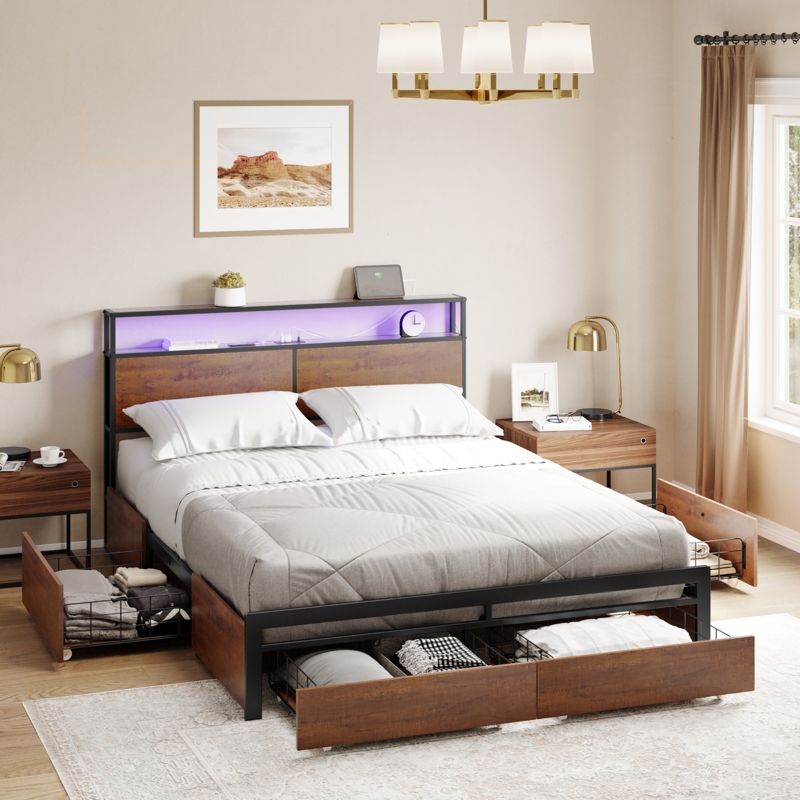 Industrial Platform Bed with Purple LED and Mesh Storage Drawers