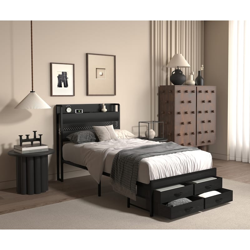 Industrial Platform Bed with Storage Headboard and Charging Station