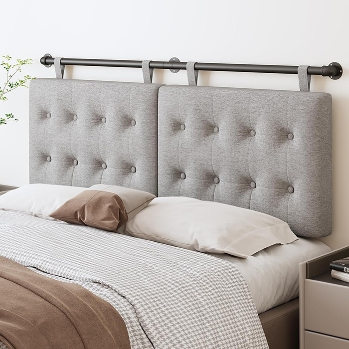 Industrial Rod Headboard with Tufted Fabric Panels