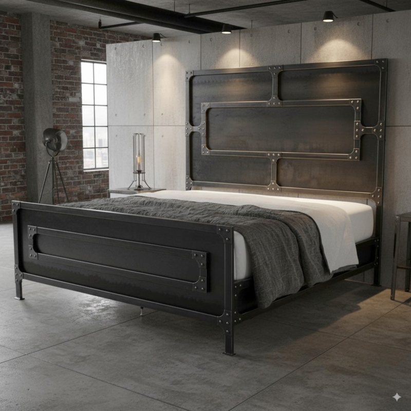 Industrial Steel Bed Frame with Tall Slatted Headboard