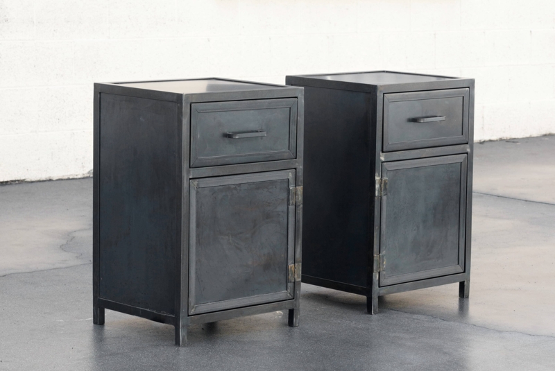 Industrial Steel Nightstand, Exposed Hinges, Charcoal Finish