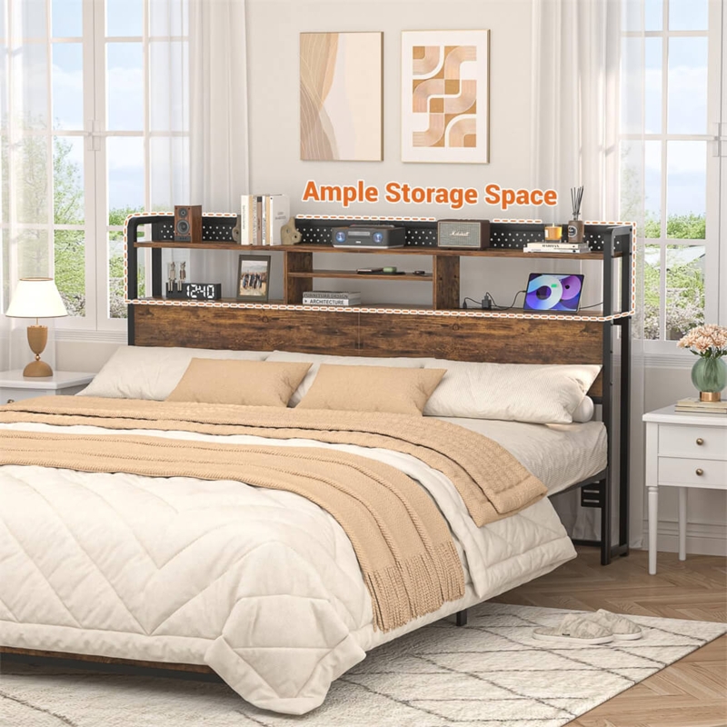 Industrial Storage Headboard with Outlets Rustic Wood Toned Metal Frame