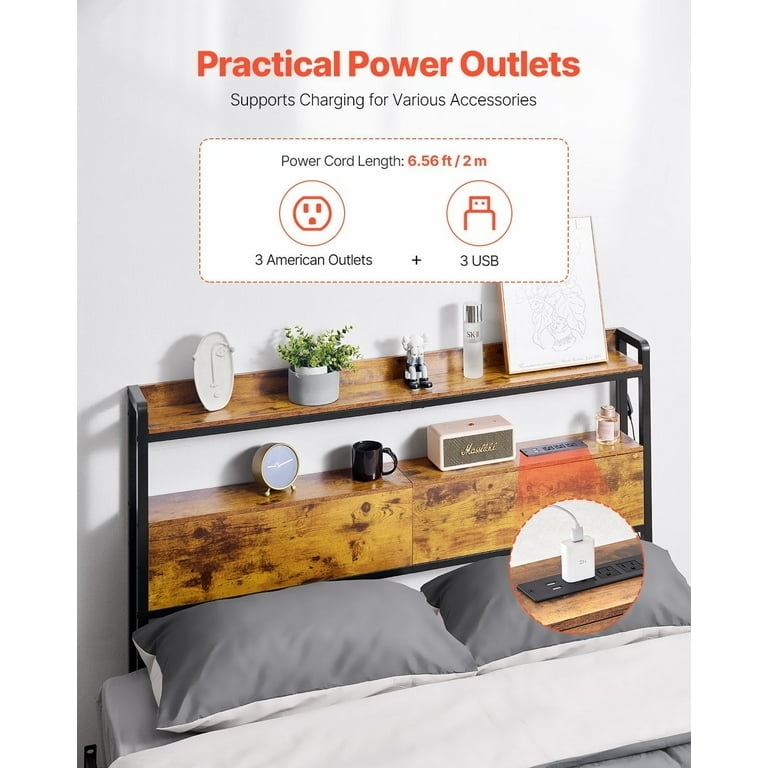 Industrial Wood and Metal Freestanding Headboard with Charging Station