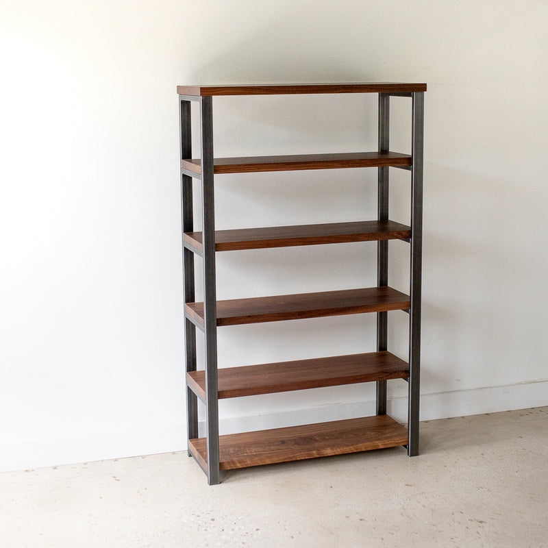 Industrial Wood Bookshelf with Six Walnut and Charcoal Tiers