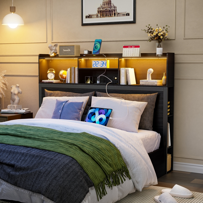Integrated LED Bookcase Headboard with Charging Station