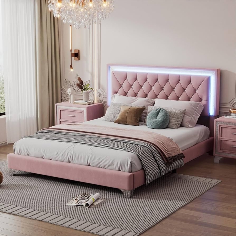 Integrated LED Upholstered Bed with Crystal Tufted Headboard