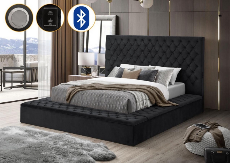 Integrated Tech Platform Bed with Velvet Tufting
