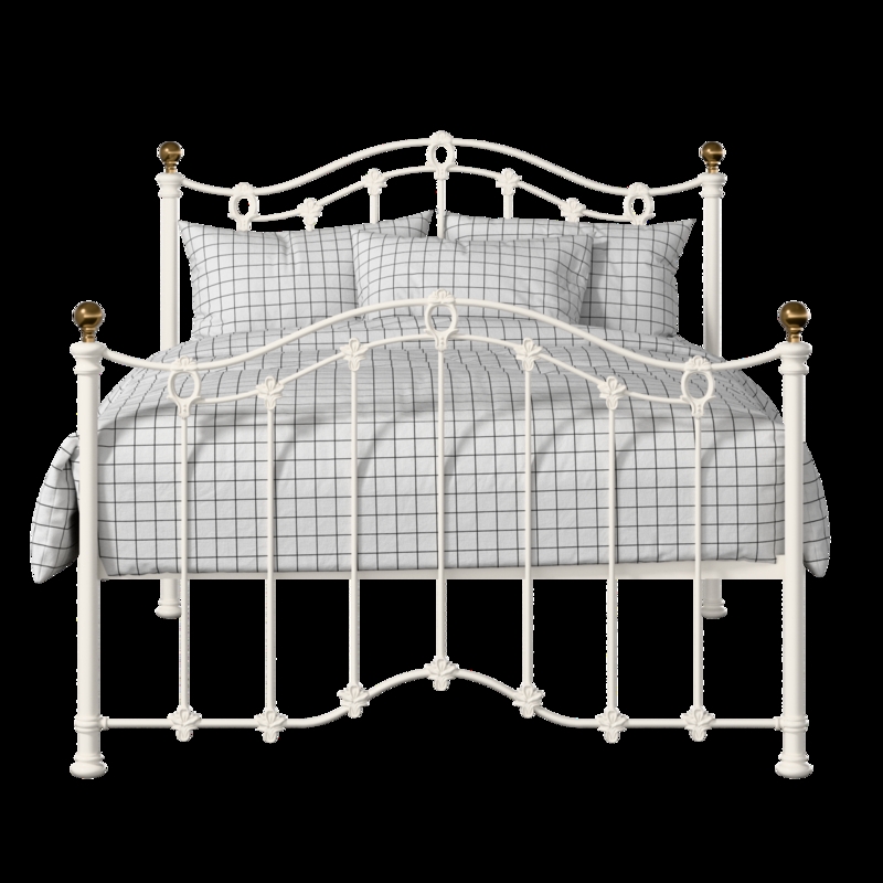 Iron Bed Frame Ivory Finish with Brass Finials and Arched Silhouette