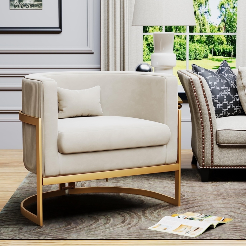 Ivory Barrel Chair with Ribbed Exterior Back and Metallic Sled Base