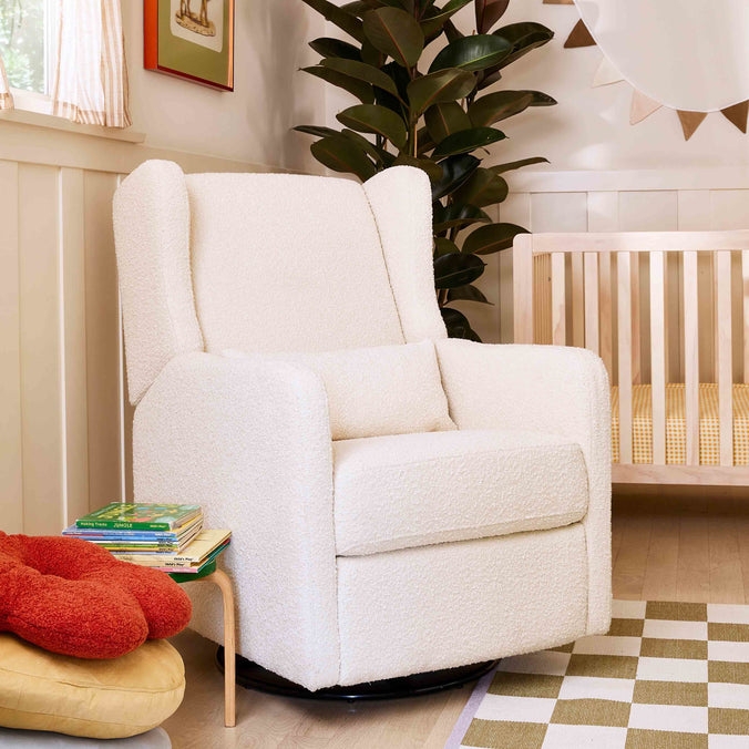 Ivory Boucle Wingback Swivel Glider with Modern Track Arms