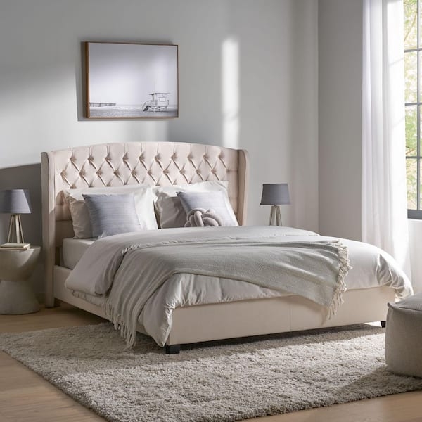 Ivory Platform Bed featuring Diamond Tufted Wingback Headboard