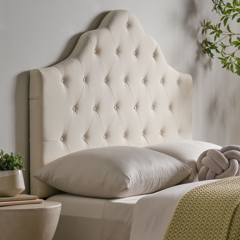 Ivory Scalloped Headboard, Diamond Tufted Upholstery for Traditional Bedroom