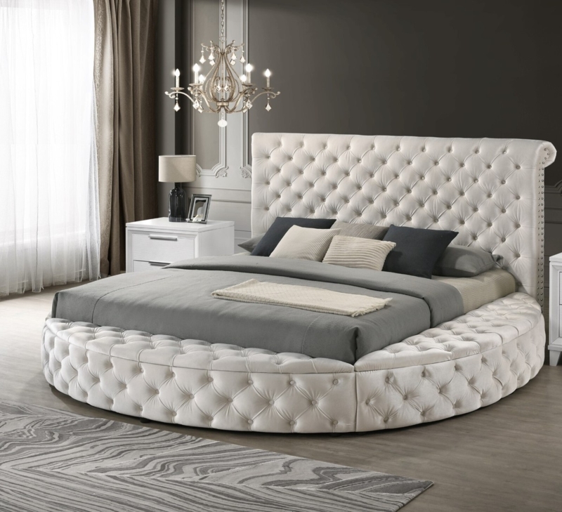 Ivory Tufted Circular Bed, Oversized Wingback Headboard, Glamorous Style