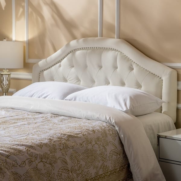 Ivory Upholstered Arched Headboard with Silver Nailhead Trim Detail