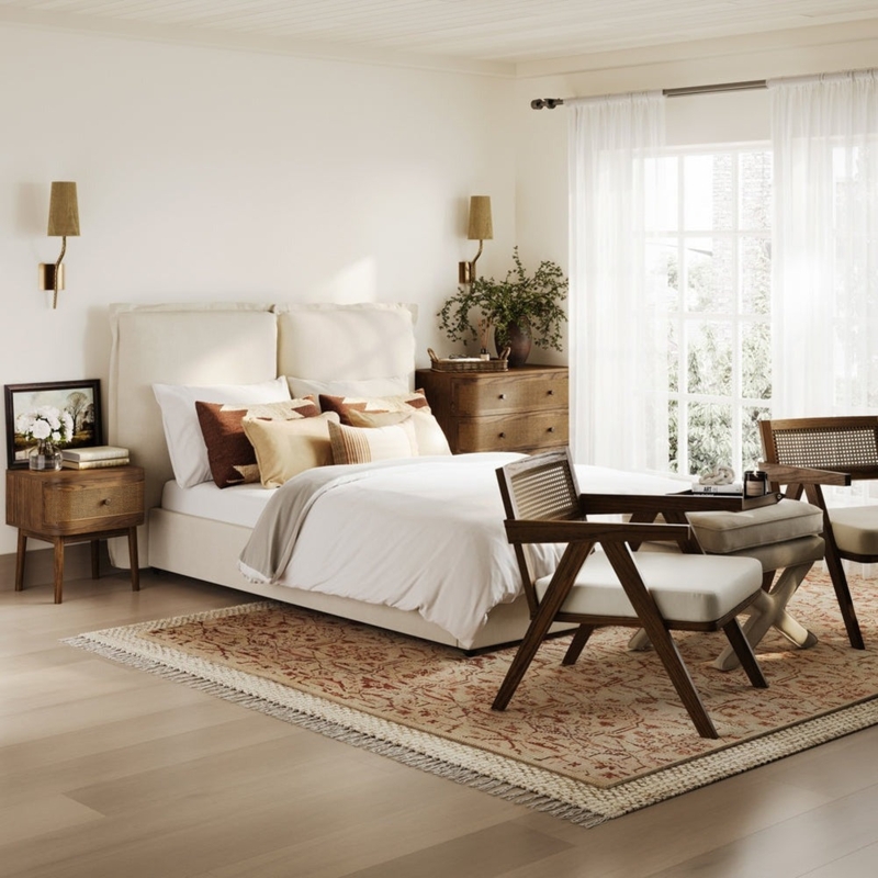 Ivory Upholstered Bed with Unique Split Cushion Headboard