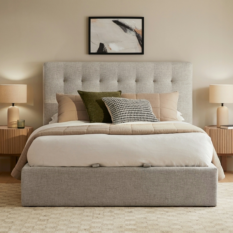Ivory Upholstered Storage Bed Tufted Headboard Pop-Up Compartment
