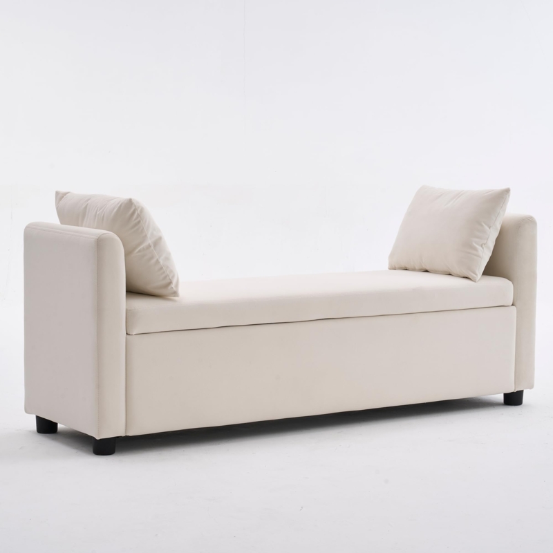 Ivory Upholstered Storage Bench with Integrated Arms and Pillows