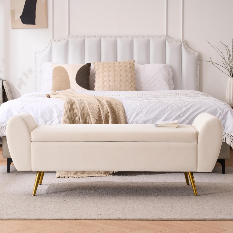 Ivory Velvet Storage Bench with Rolled Arms and Gold Legs
