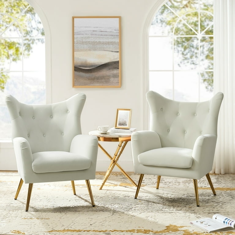 Ivory Velvet Wingback Accent Chairs Button Tufted Gold Tapered Legs