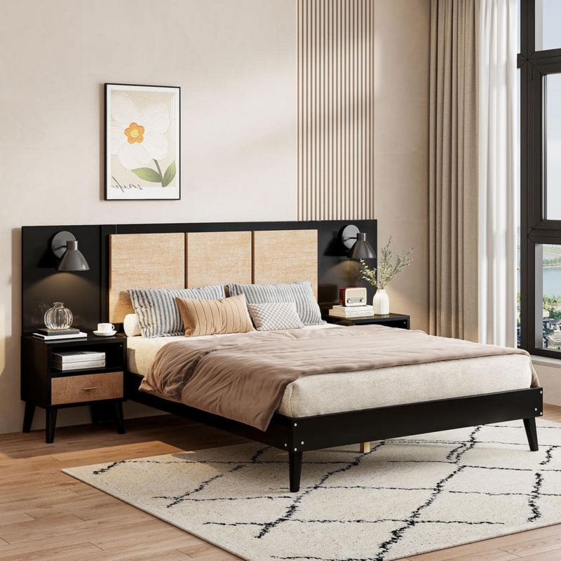 Japandi Platform Bed with Integrated Nightstands and Rattan Panels