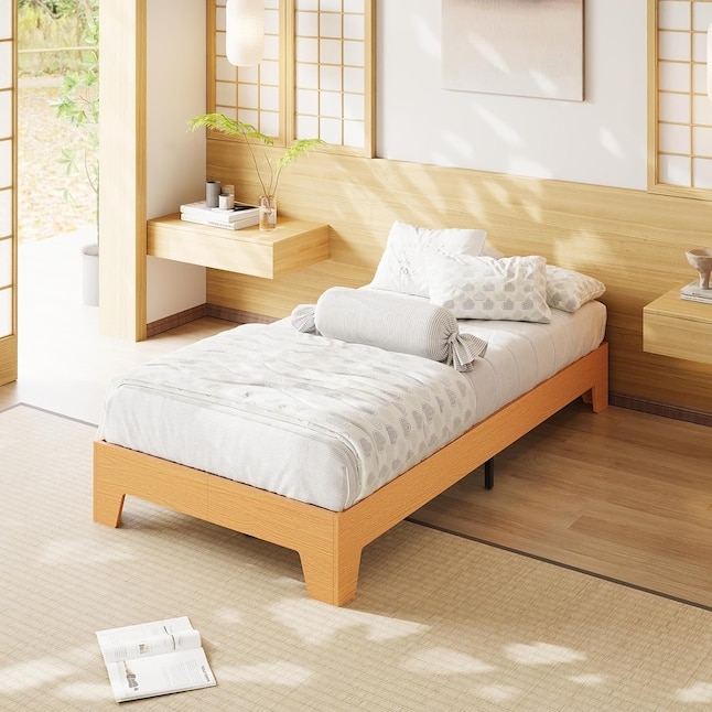 Japandi Style Low Profile Platform Bed in Light Wood Tone