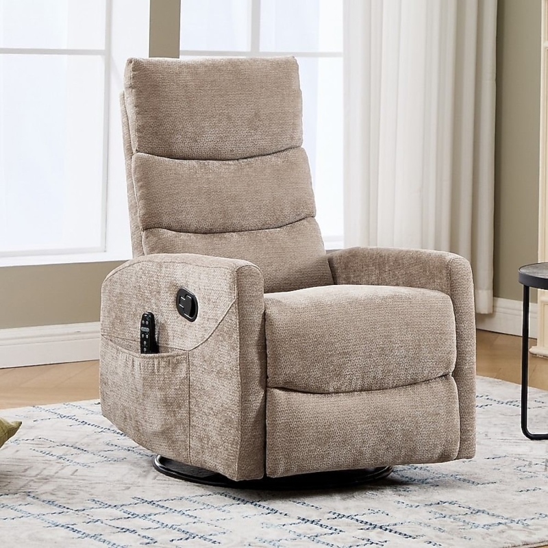 Khaki Chenille Swivel Recliner with Side Storage Pocket
