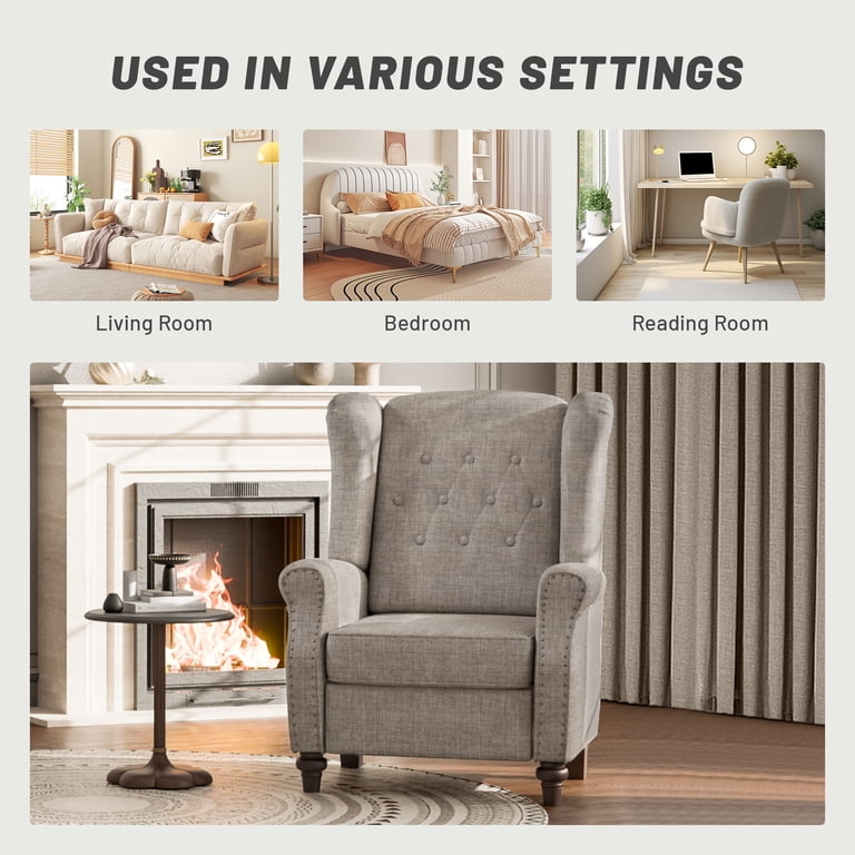 Khaki Wingback Recliner featuring Vintage Style and Nailhead Trim