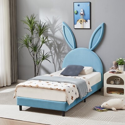 Kids Bed Upholstered Light Blue Rabbit Ear Headboard Playful Modern