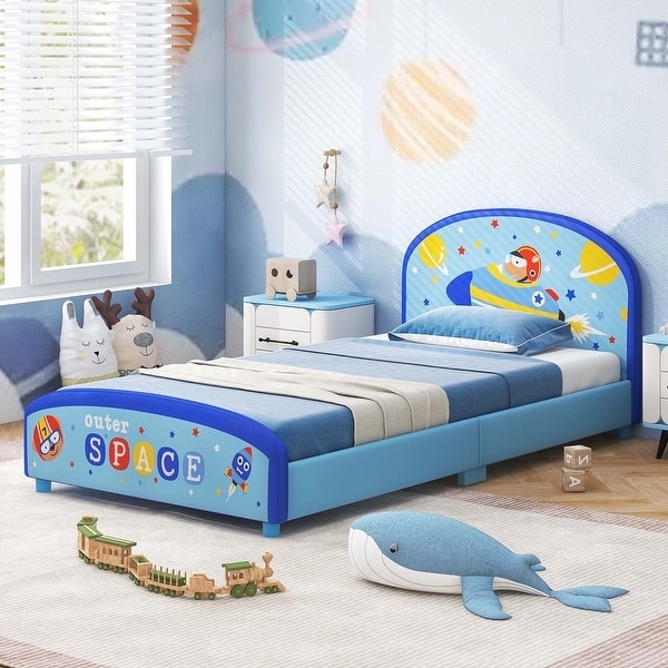 Kids Bed, Upholstered Platform, Playful Rocket Ship Headboard Graphic