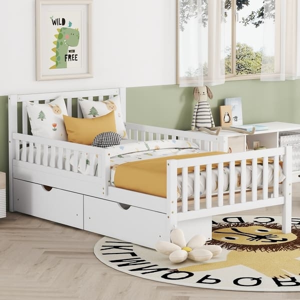 Kids Bed White with Integrated Guardrails and Dual Storage Drawers