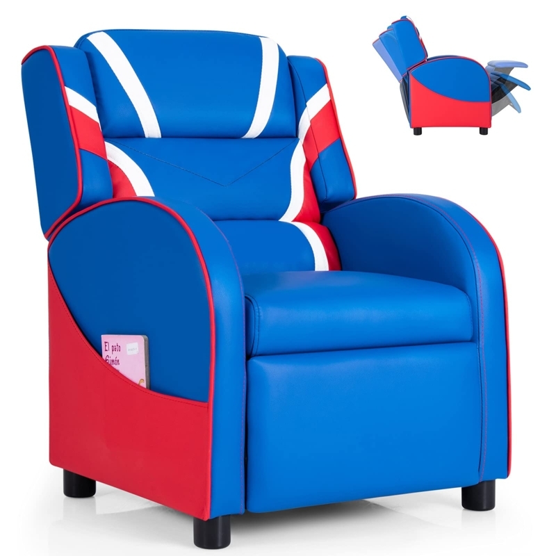 Kids Recliner Blue Racing Stripe Accents Side Pocket Sporty Style