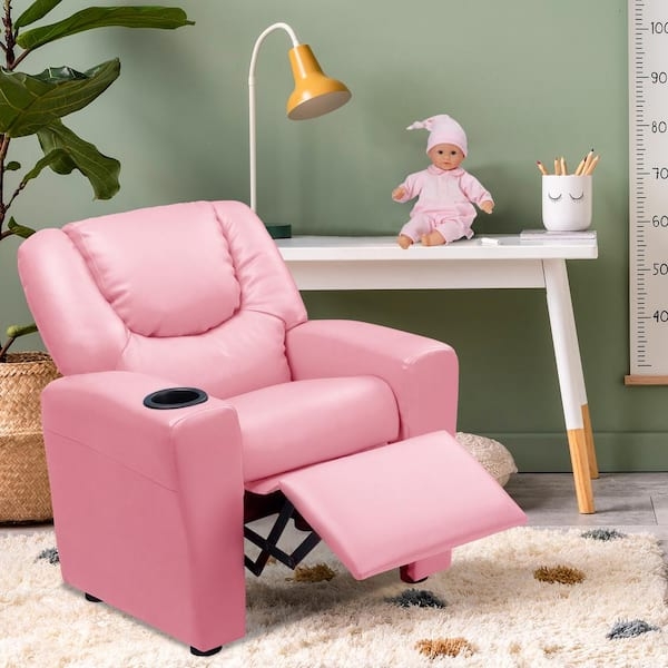 Kids Recliner Pink Leather Like With Cup Holder Toddler Size