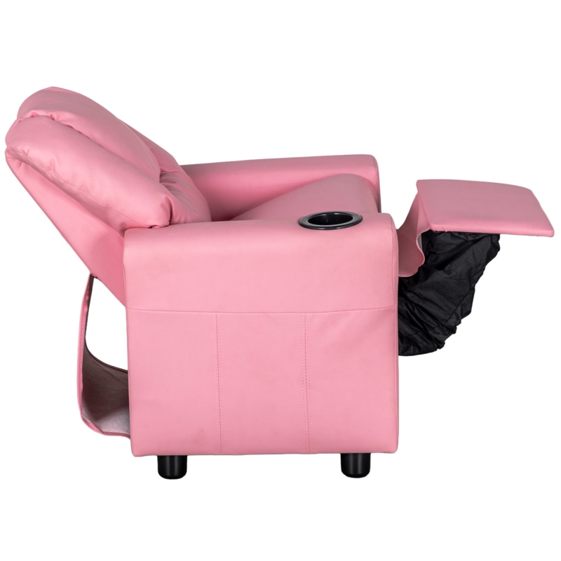 Kids Recliner: Pop-Out Footrest, Cup Holder, Pastel Pink Leather-Like.
